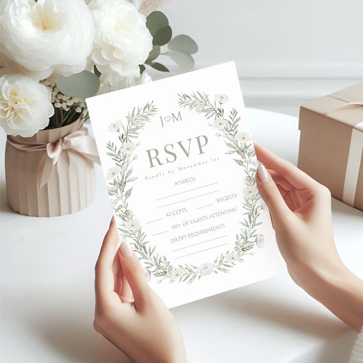 Grüne Blume Wraath rustikale Hochzeit RSVP Karten