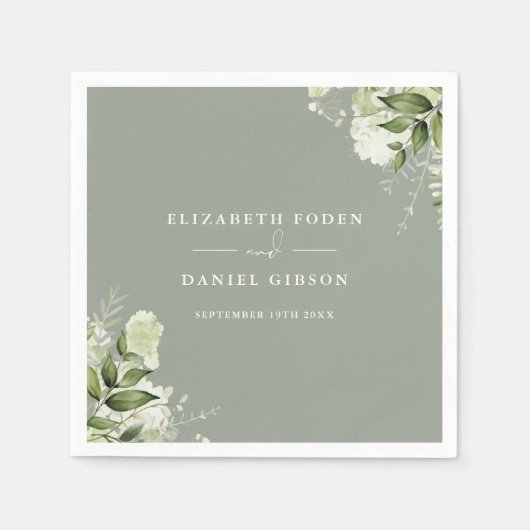 Grüne Blumen Elegante Namen Datum Grün Serviette (Vorderseite)