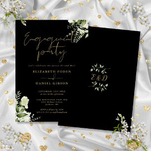 Grüne Blumen Hochzeitfeier Schwarz und Gold Einladung