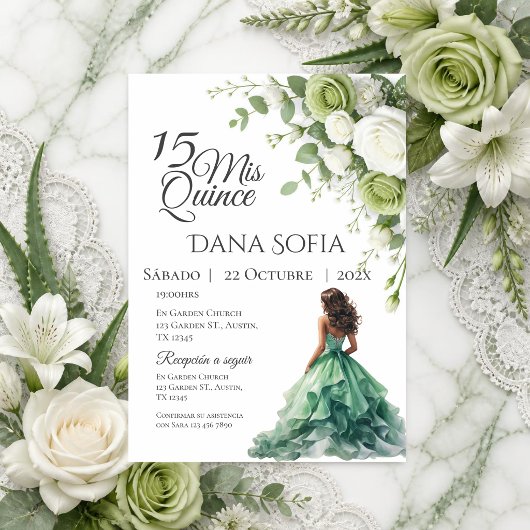 Grüne Blumen Quincenera auf Spanisch Einladung