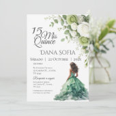 Grüne Blumen Quincenera auf Spanisch Einladung (Stehend Vorderseite)
