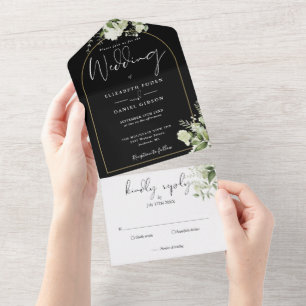 Grüne Blumen Schwarz Goldene Bogen Hochzeit All In One Einladung