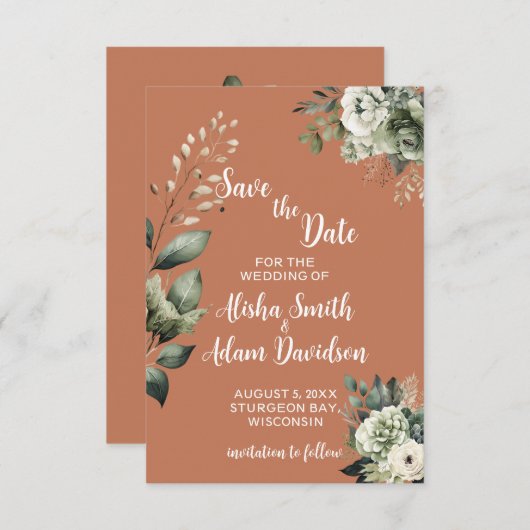 Grüne Blumenblätter und Terracotta speichern die D Save The Date (Vorne/Hinten)