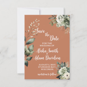 Grüne Blumenblätter und Terracotta speichern die D Save The Date