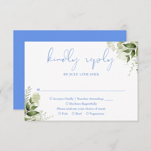 Grüne Blumenblume Blauer Hochzeit RSVP Karte (Vorne/Hinten)