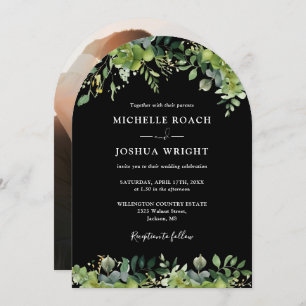Grüne Blumenbogen Schwarz-Weiß-Foto Hochzeit Einladung
