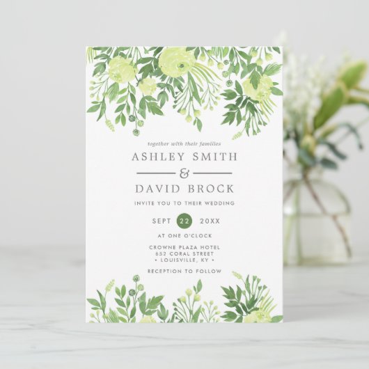 Grüne Blumengarten Hochzeit Einladung (Stehend Vorderseite)
