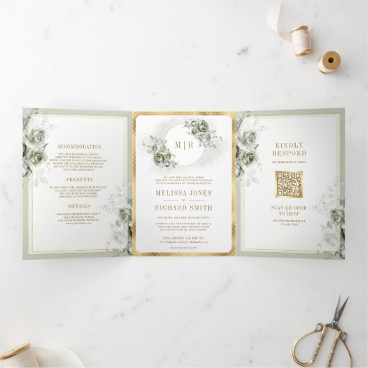 Grüne Blumengoldblüte aus weichem Sage - alles in Dreifach Gefaltete Einladung (Innenseite)