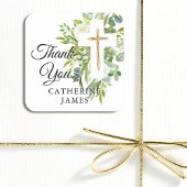 Grüne Blumenkreuz Elegante Taufe Quadratischer Aufkleber