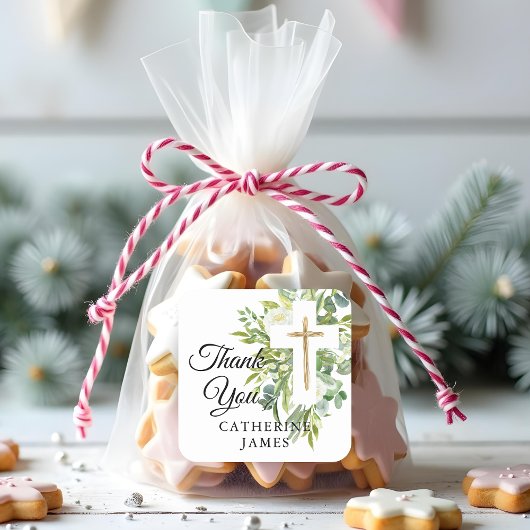 Grüne Blumenkreuz Elegante Taufe Quadratischer Aufkleber