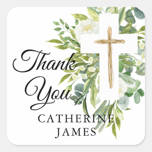 Grüne Blumenkreuz Elegante Taufe Quadratischer Aufkleber (Vorderseite)
