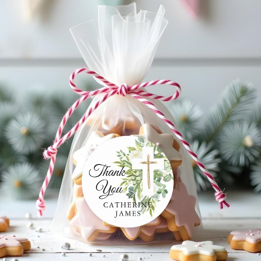 Grüne Blumenkreuz Elegante Taufe Runder Aufkleber