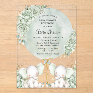 Grüne Blumenlephants Twins Babydusche Acryleinladungen
