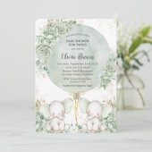 Grüne Blumenlephants Twins Babydusche Einladung (Stehend Vorderseite)