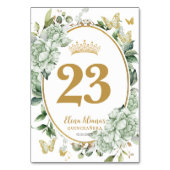 Grüne Blumenschmetterlinge Quinceanera Süße 16 Tischnummer (Rückseite)