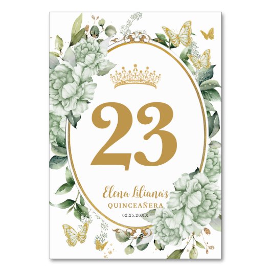Grüne Blumenschmetterlinge Quinceanera Süße 16 Tischnummer (Rückseite)