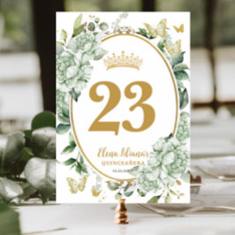 Grüne Blumenschmetterlinge Quinceanera Süße 16 Tischnummer