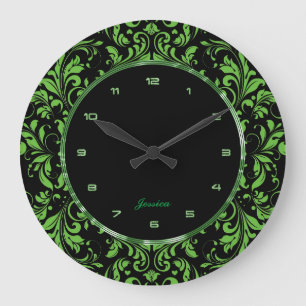 Grüne Blumenstickerei auf schwarzem Hintergrund Große Wanduhr