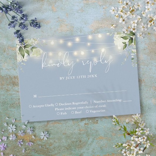 Grüne Blumenstrauß Lights Dusty Blue Wedding RSVP Karte