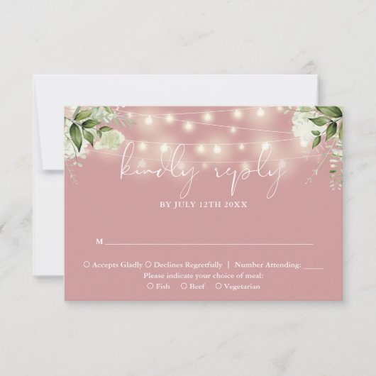 Grüne Blumenstrauß Lights Dusty Rose Wedding RSVP Karte (Vorderseite)