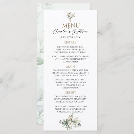 Grüne Blumentaufen Menükarte (Vorne/Hinten)