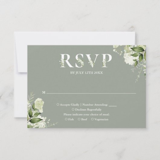 Grüne Blumentypografie Sage Green Wedding RSVP Karte (Vorderseite)