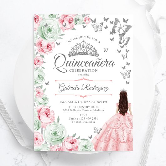 Grüne Blumenzwiebeln Quinceanera-Rose Einladung