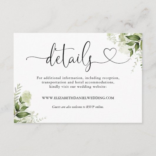 Grüne Blumenzwiebelschrift Details zur Hochzeit Begleitkarte (Vorderseite)