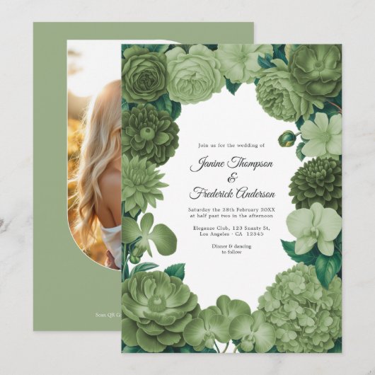 Grüne Blumige Foto- und QR-Code-Hochzeit Einladung (Vorne/Hinten)