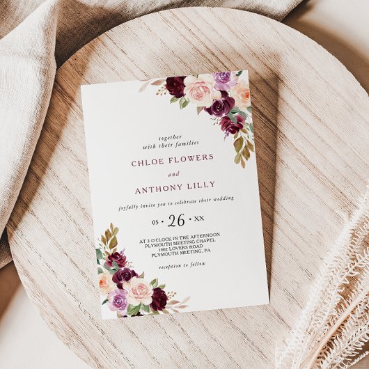 Grüne Blush Burgundy Bloral Wedding Einladung