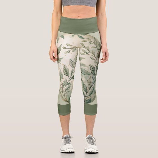 Grüne Blüte auf hellgrün mit dunkelgrüner Band Capri Leggings (Vorderseite)