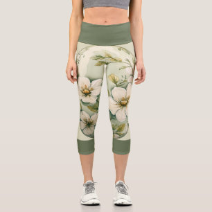 Grüne Blüte auf hellgrün mit dunkelgrüner Band Capri Leggings