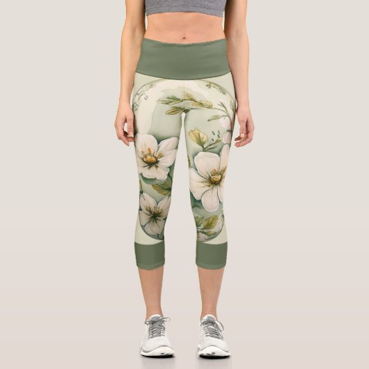 Grüne Blüte auf hellgrün mit dunkelgrüner Band Capri Leggings (Vorderseite)