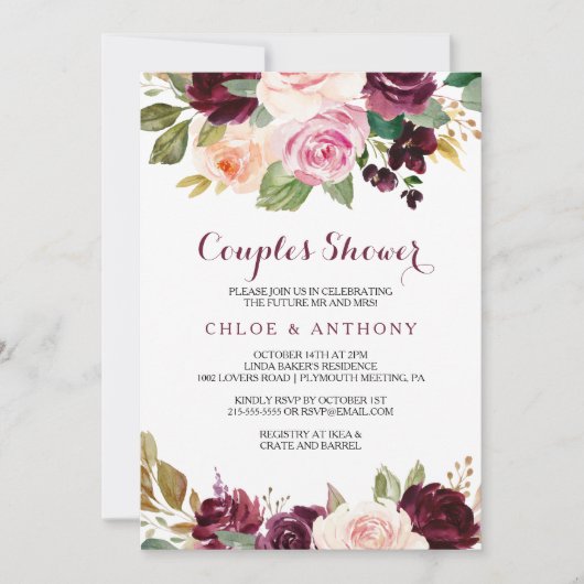 Grüne Blüte Burgund Blumenpaare Dusche Einladung (Vorderseite)