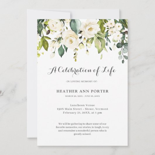Grüne Blüte Elegante Feier zur Beerdigung des Lebe Einladung (Vorderseite)