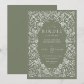 Grüne Blütenbraun Birdie Babydusche Einladung (Vorne/Hinten)