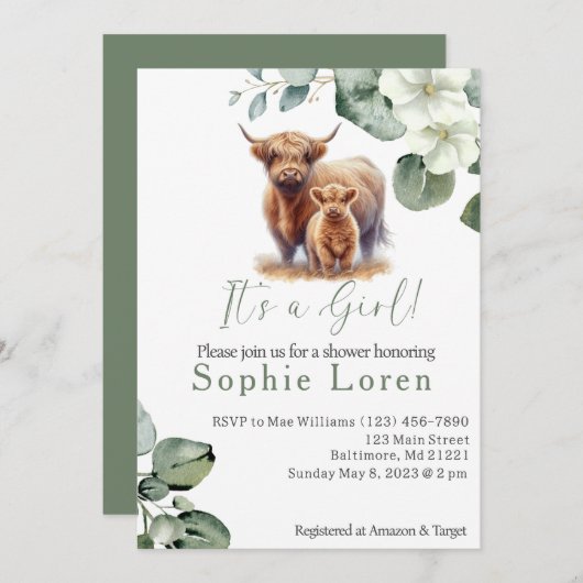 Grüne Blütendusche für die Kuh Einladung (Vorne/Hinten)