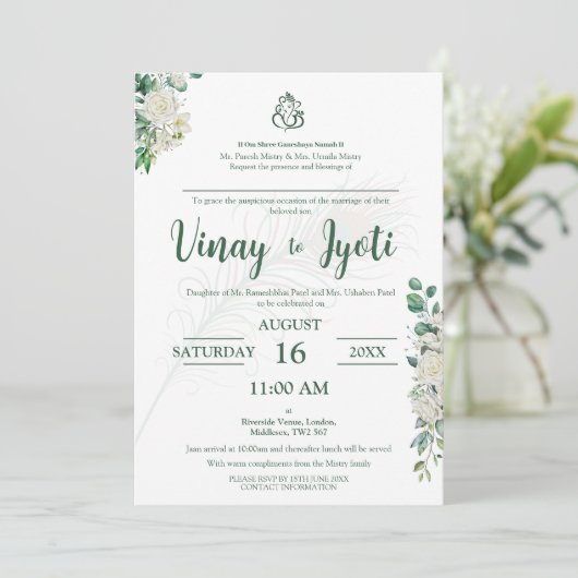 Grüne Blütenhindu Einladung zur Hochzeit (Stehend Vorderseite)