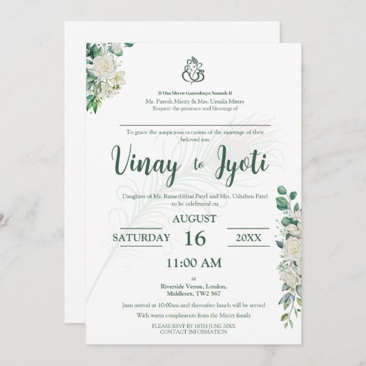 Grüne Blütenhindu Einladung zur Hochzeit (Vorne/Hinten)