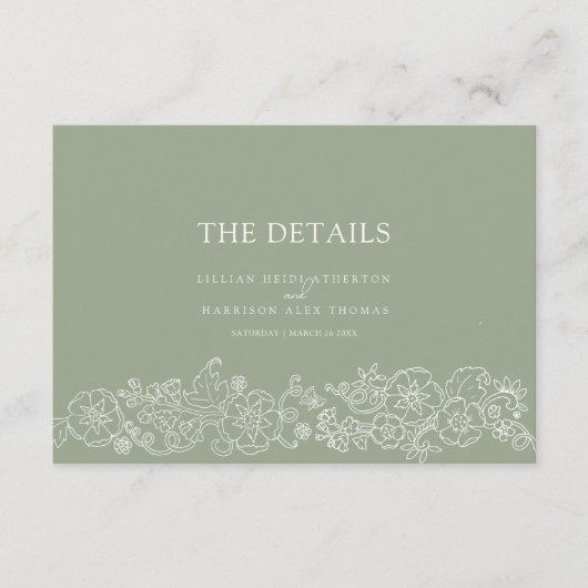 Grüne Blütenschmetterlinge Hochzeitsdetails Begleitkarte (Vorderseite)