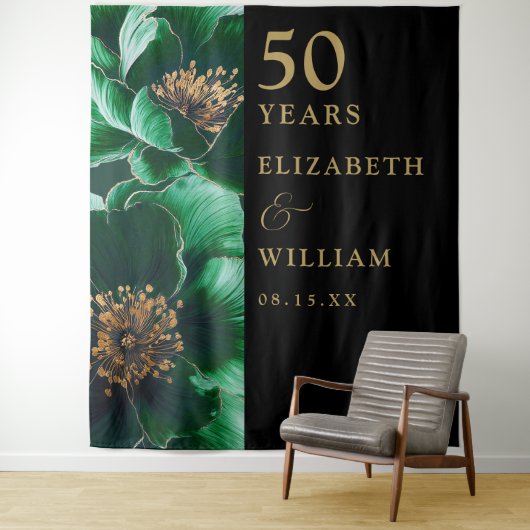 Grüne Blütenschwarz Gold 50 Jahre Jubiläum Hinterg Wandteppich (Beispiel)