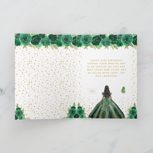 Grüne Blütenschwarze Haut Girl Happy Birthday Karte (Innenseite)
