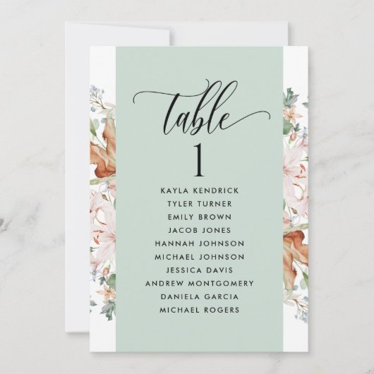 Grüne Blütensitzplan-Karten mit Gästennamen (Vorderseite)
