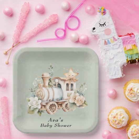 Grüne Blütenspur Babydusche Pappteller (Party)