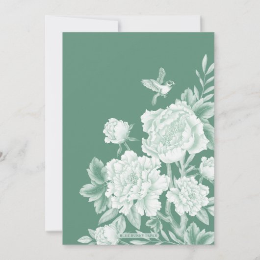 Grüne Blütenvögel Chinoiserie Garten Hochzeit Einladung (Rückseite)