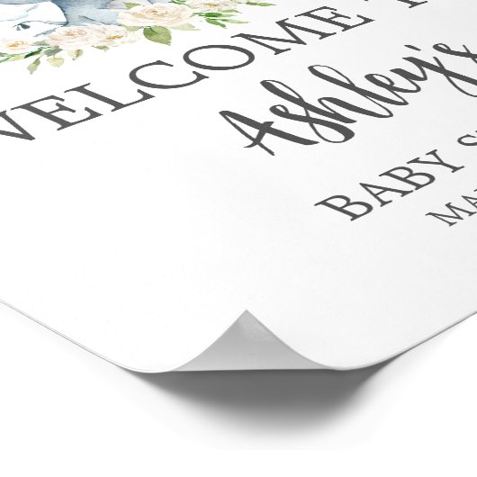 Grüne Blütenweiße Elephant Babydusche Willkommen Poster (Ecke)