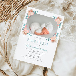 Grüne Blütenwelt Elegantes Foto Taufe Einladung