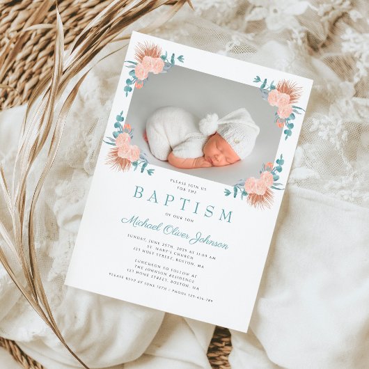 Grüne Blütenwelt Elegantes Foto Taufe Einladung