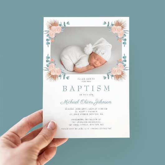 Grüne Blütenwelt Elegantes Foto Taufe Einladung