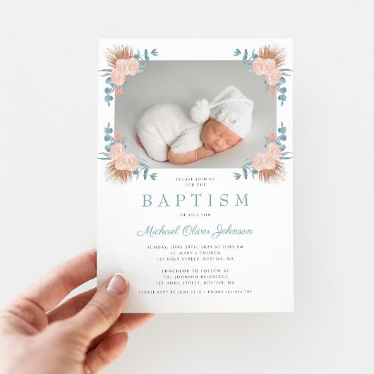 Grüne Blütenwelt Elegantes Foto Taufe Einladung